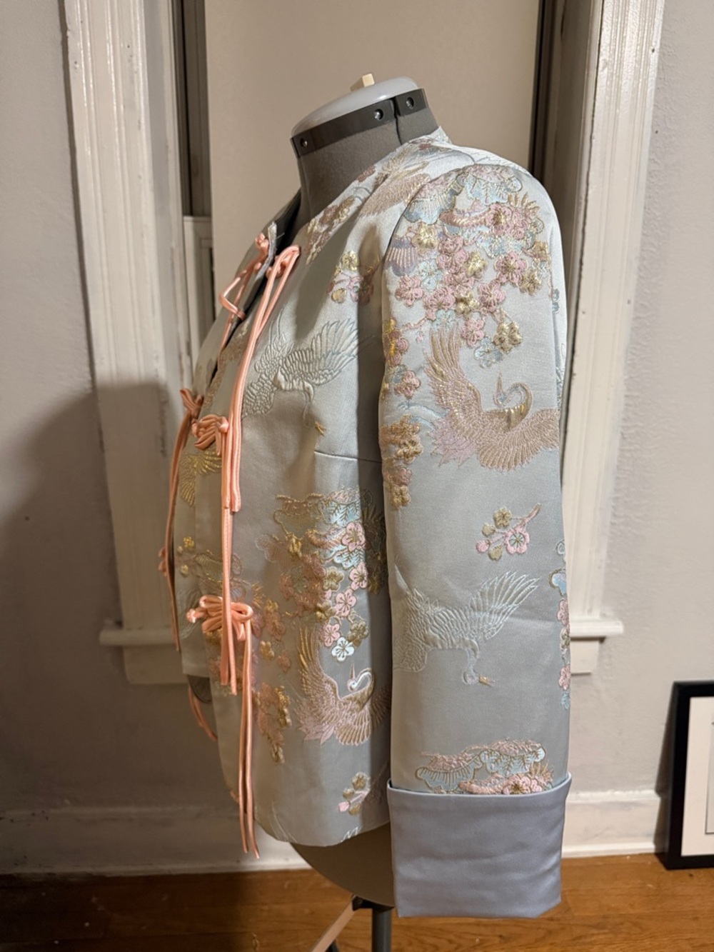 Silk-Blend Pale Blue Embroidered Jacket with Pink Ties - Picture 2 of 4